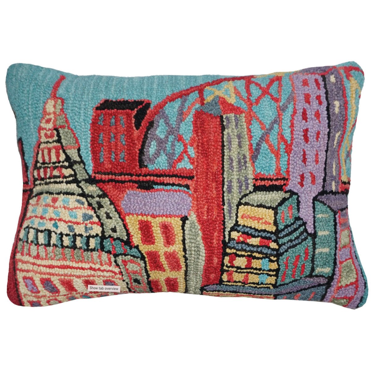 Colorful City Friends hooked wool throw pillow with artisan decorative design