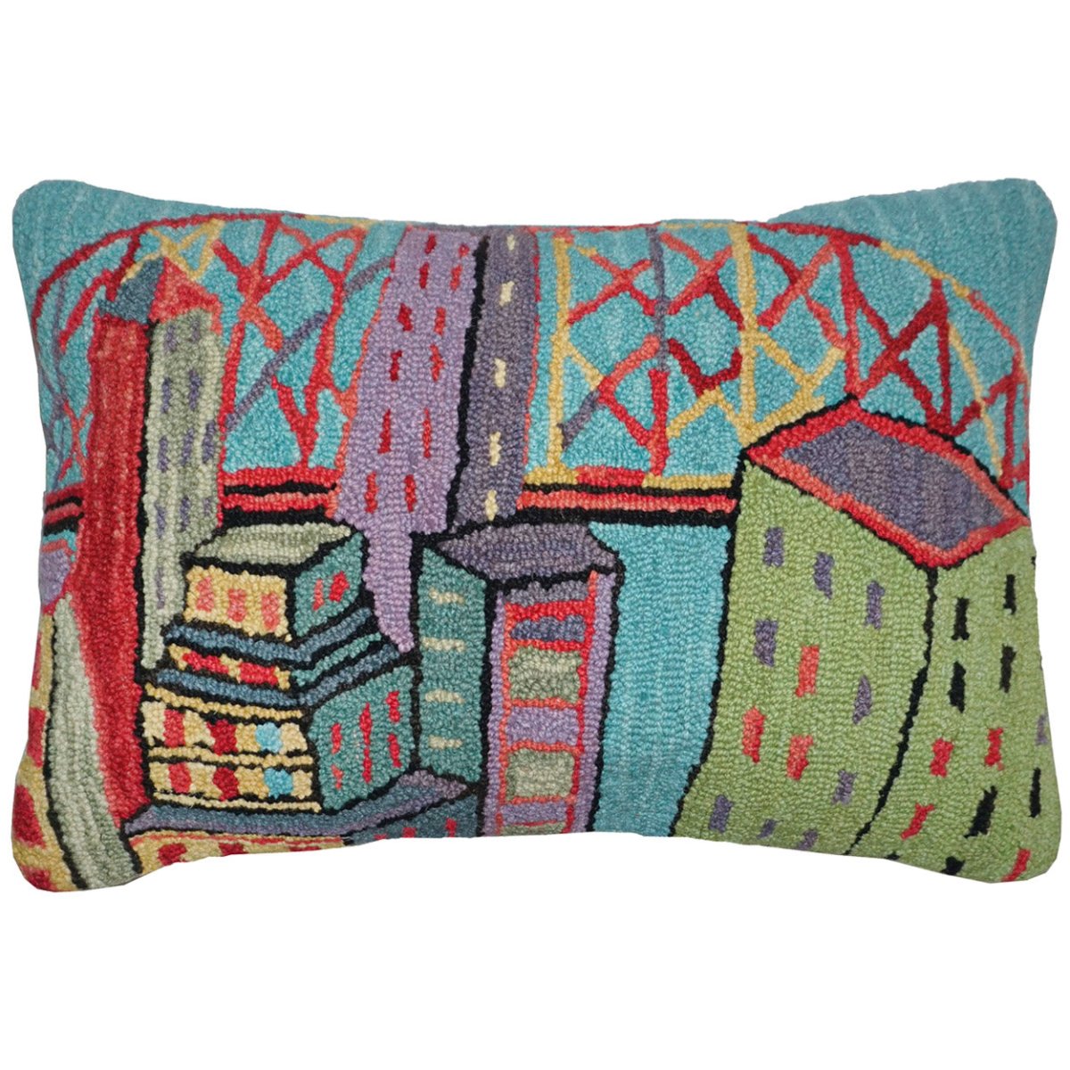 Colorful Fun City hooked wool throw pillow with artisan decorative design