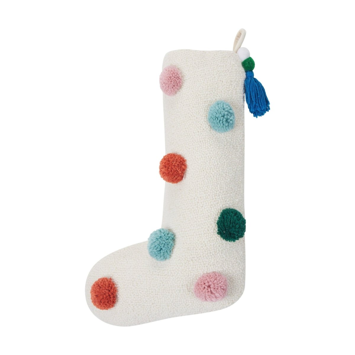 Colorful Pom Poms Hooked Christmas Stocking, 12x20 inch, front view