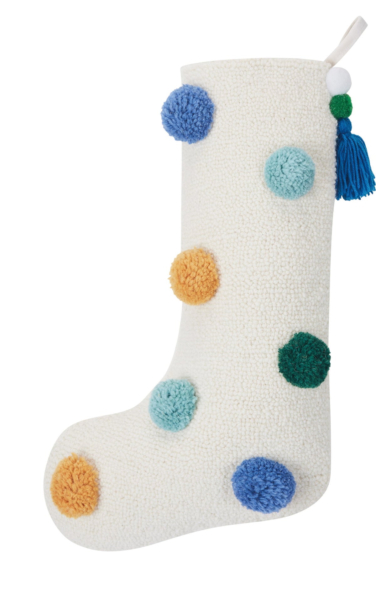 Colorful Pom Poms II Hooked Christmas Stocking, 12x20 inch, front view