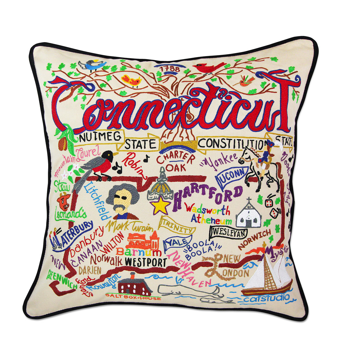 Connecticut State Charm hand-embroidered throw pillow showcasing iconic landmarks