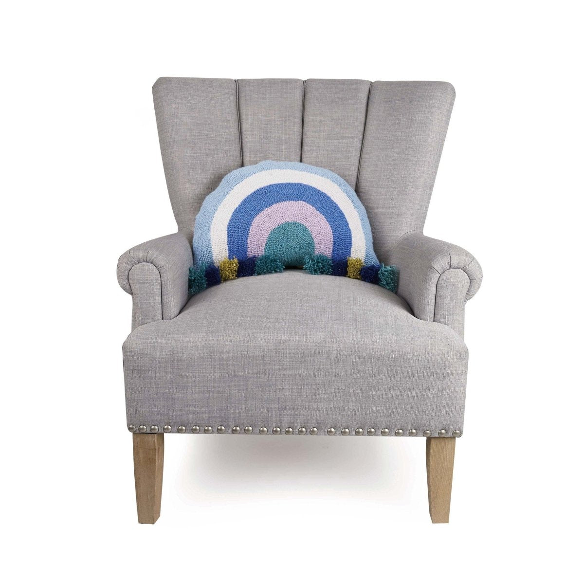 Cool Rainbow with Tassels Hooked Wool Throw Pillow on an armchair, showing the throw pillow at room scale, 12x18 inch