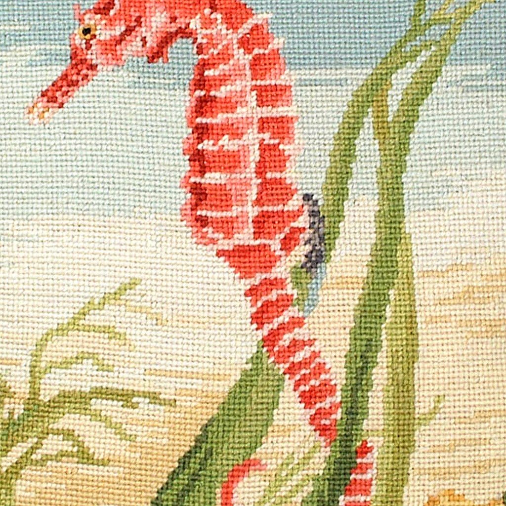Hand-stitched wool detail of Coral Sea Horse Nautical needlepoint pillow showing intricate weave pattern and texture