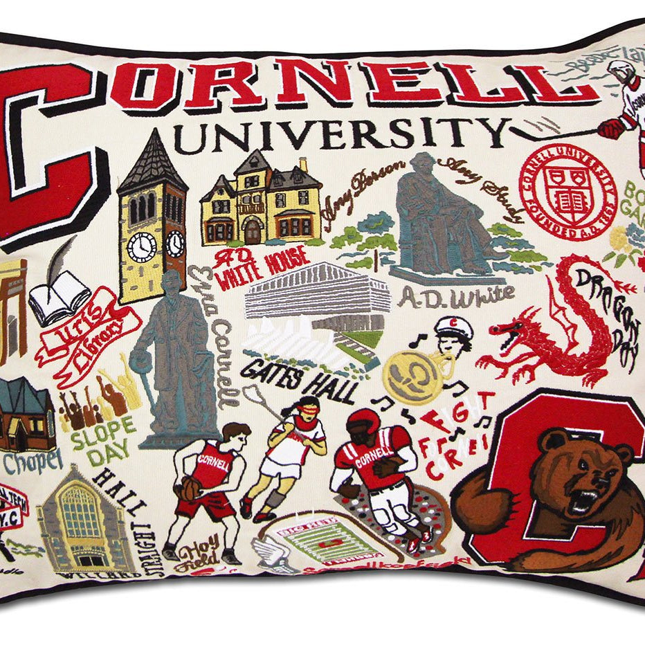 Cornell University Big Red hand-embroidered throw pillow featuring school colors and mascot imagery
