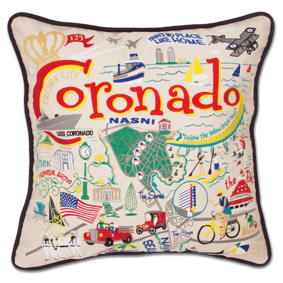 Coronado, CA Beach Town hand-embroidered throw pillow showcasing iconic landmarks