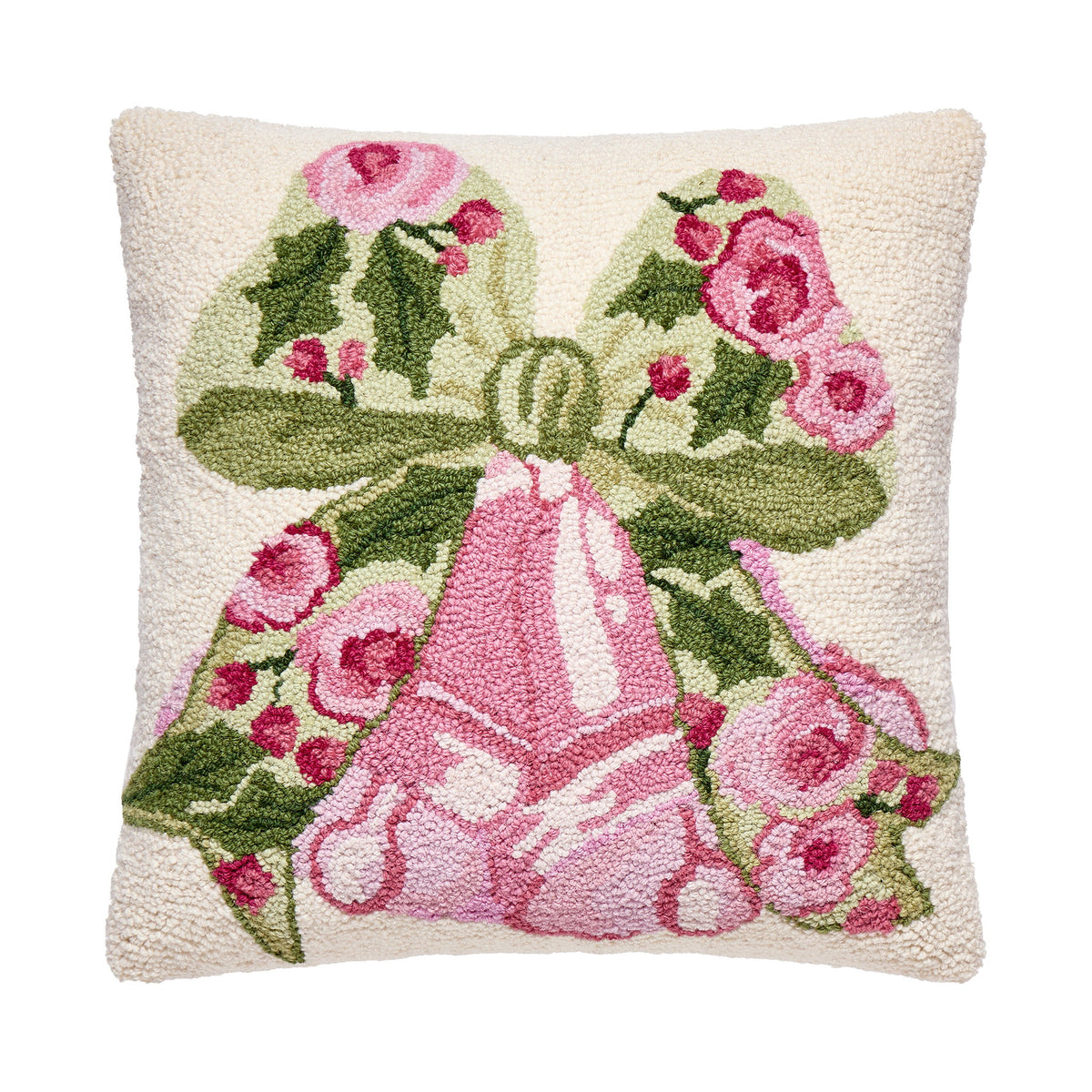 Cottage Charm Bells Hooked Wool Christmas Throw Pillow, 18x18 inch, front view