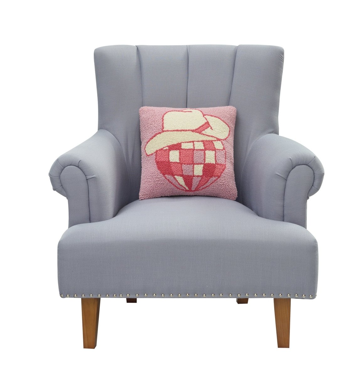 Cowboy Disco Ball Hooked Wool Throw Pillow on an armchair, showing the throw pillow at room scale, 14x14 inch