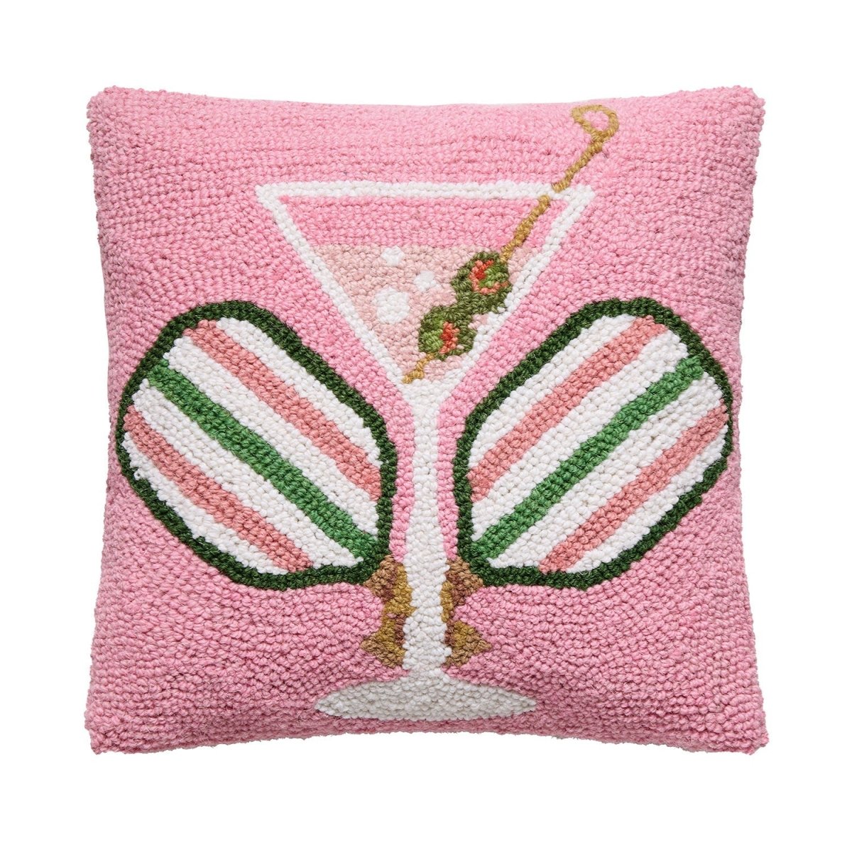 Crossed Paddles Martini Hooked Wool Throw Pillow, 14x14 inch, front view