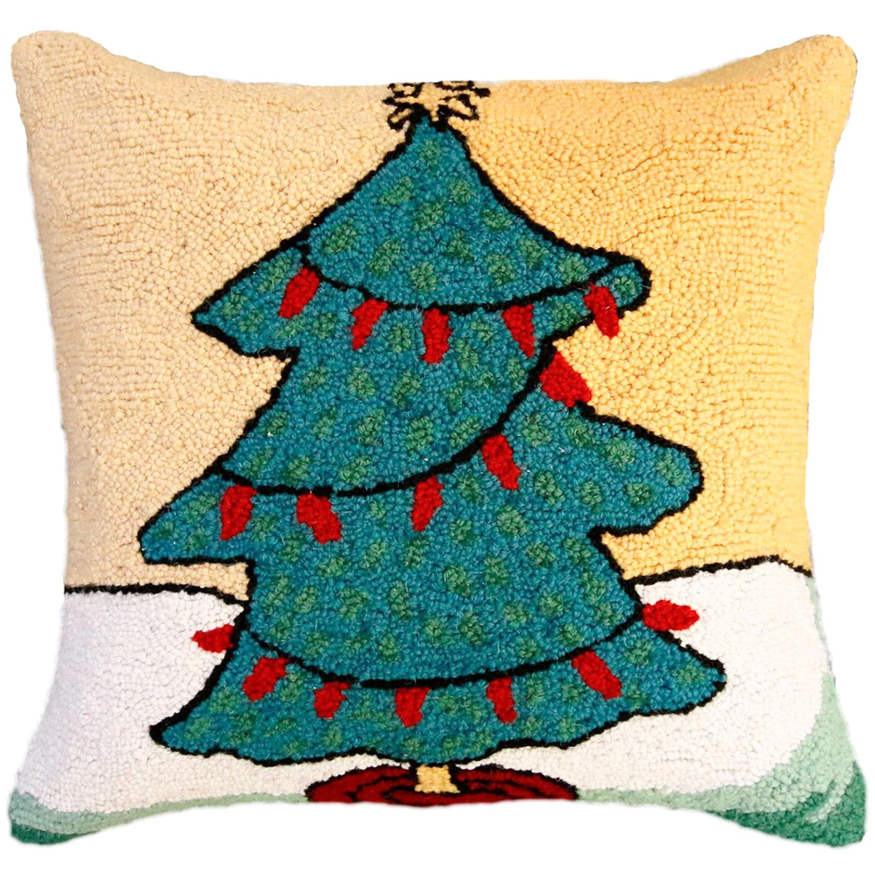 Cute Tree Lights hooked wool throw pillow with festive holiday seasonal design
