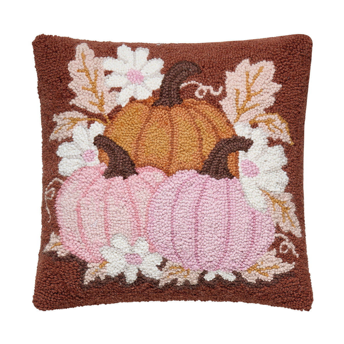 Daisies and Pumpkin Trio Hooked Wool Fall Harvest Throw Pillow, 16x16 inch, front view