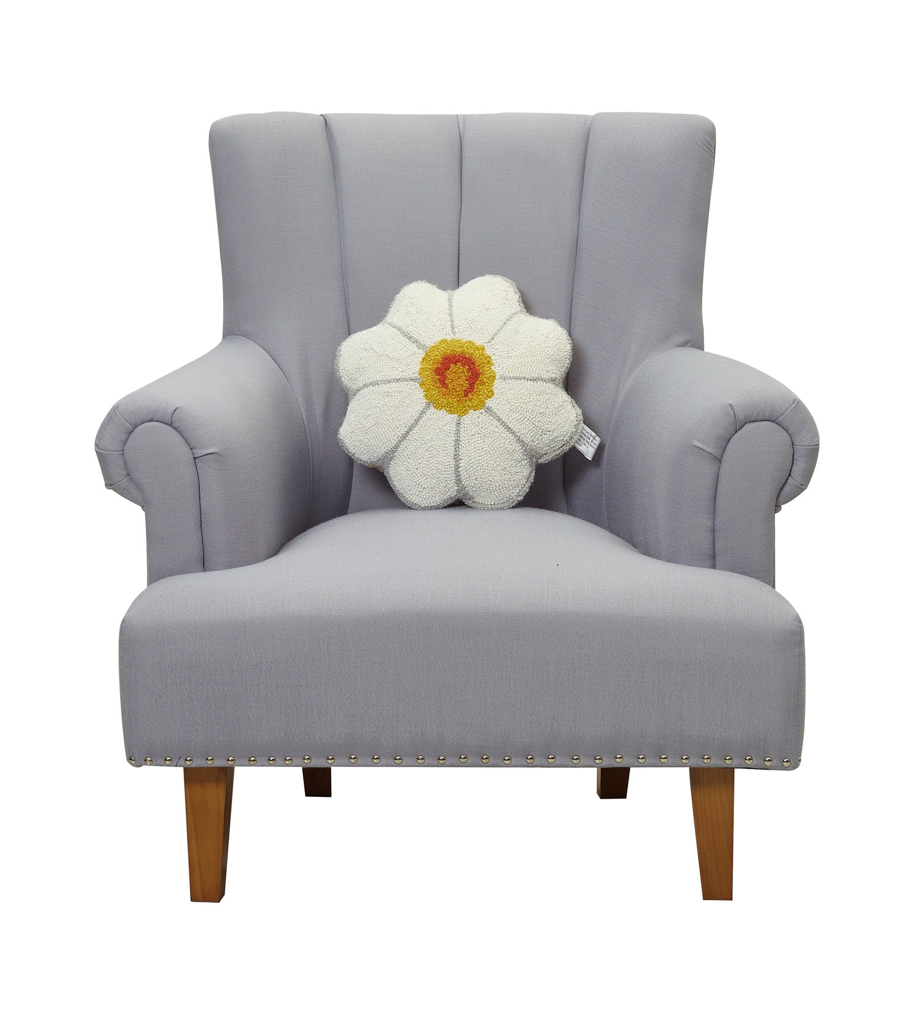 Daisy Shaped Hooked Wool Throw Pillow on an armchair, showing the throw pillow at room scale, 14x14 inch
