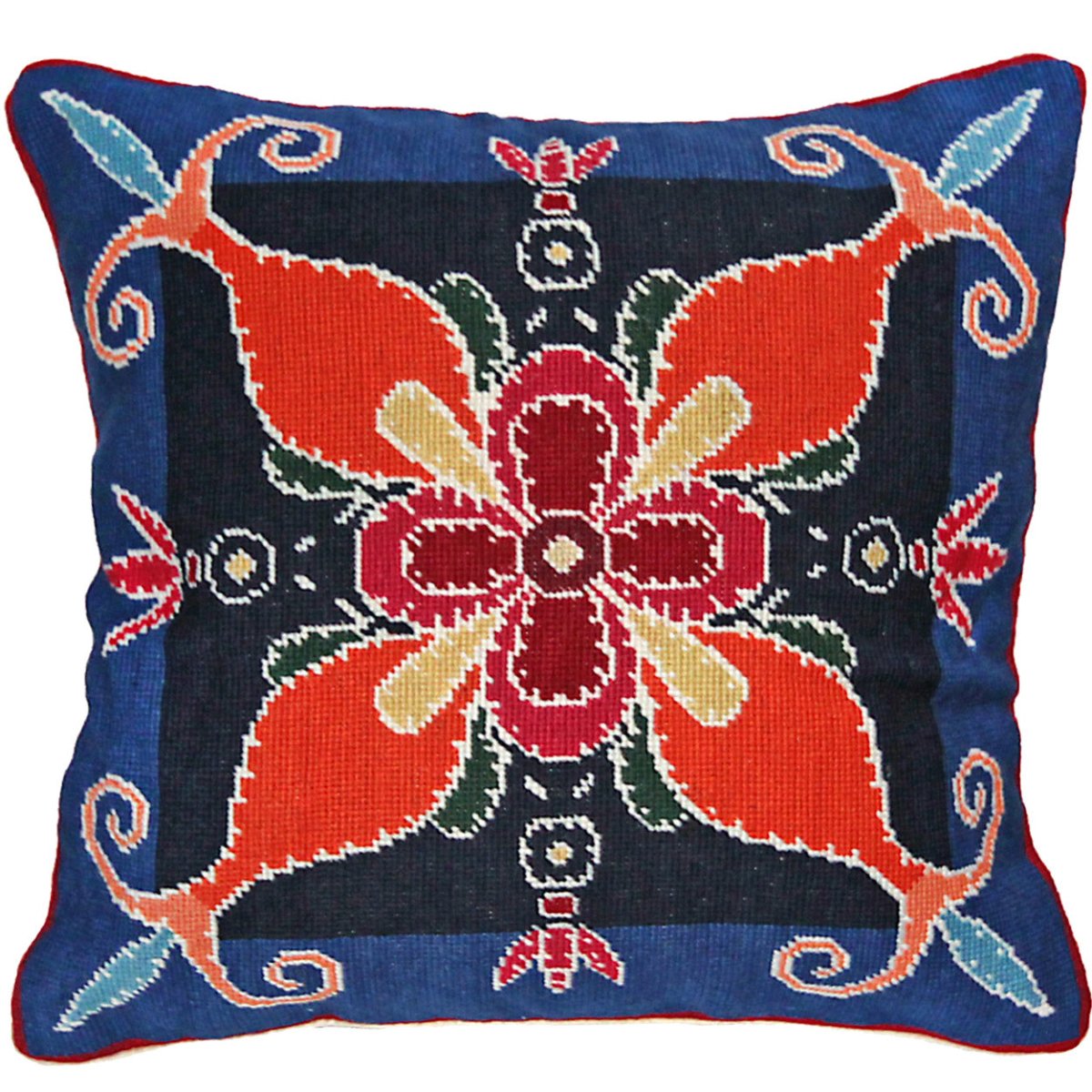 Dark Blue Orange Designer needlepoint throw pillow with botanical floral design