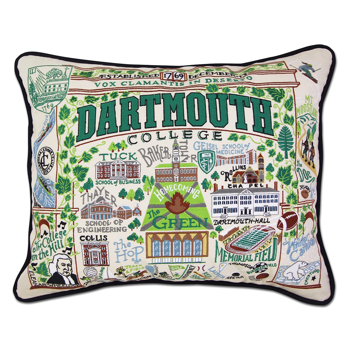 Dartmouth Big Green hand-embroidered throw pillow featuring school colors and mascot imagery