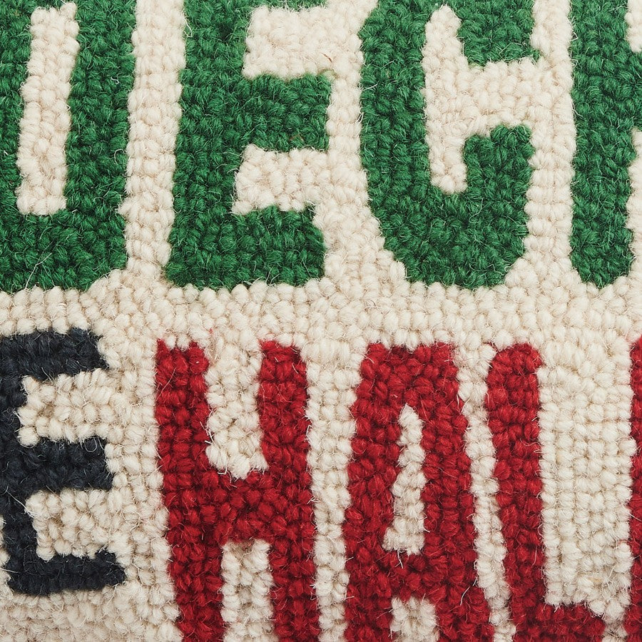 Deck the Halls Hooked Wool Christmas Throw Pillow, close-up detail