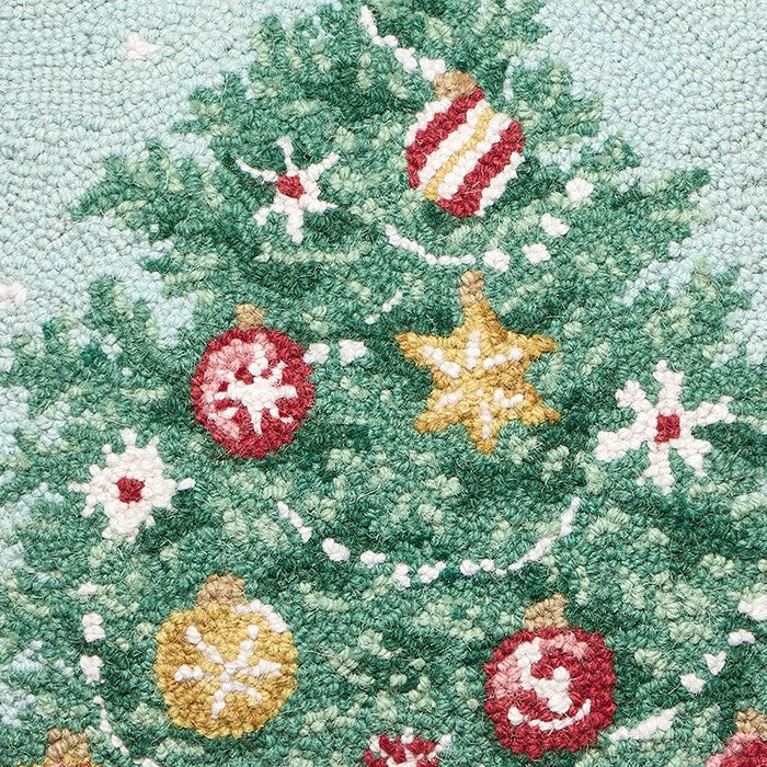 Decorating Tree Hooked Wool Christmas Throw Pillow, close-up detail