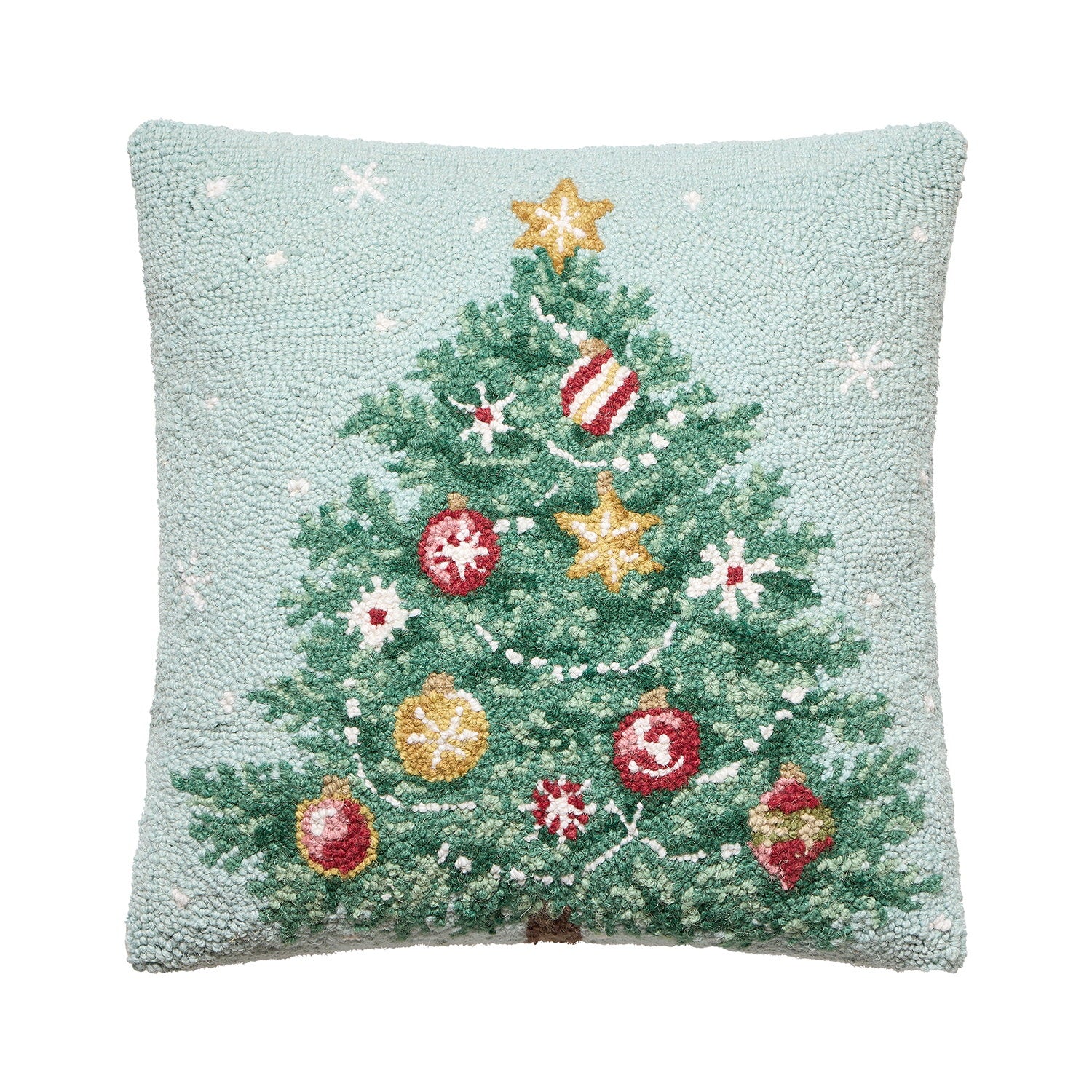 Decorating Tree Hooked Wool Christmas Throw Pillow, 18x18 inch, front view