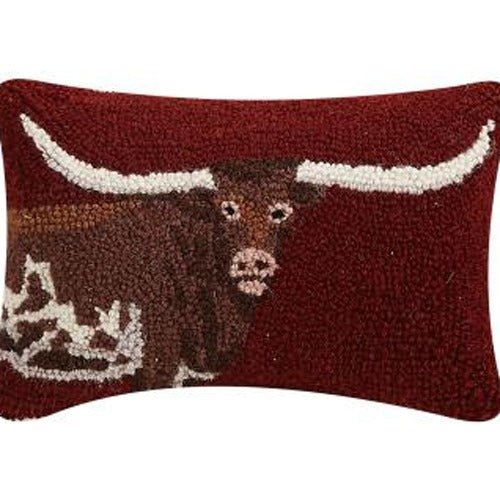 Deep Red Longhorn Hooked Wool Throw Pillow, close-up detail
