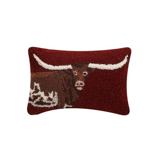 Deep Red Longhorn Hooked Wool Throw Pillow, 8x12 inch, front view