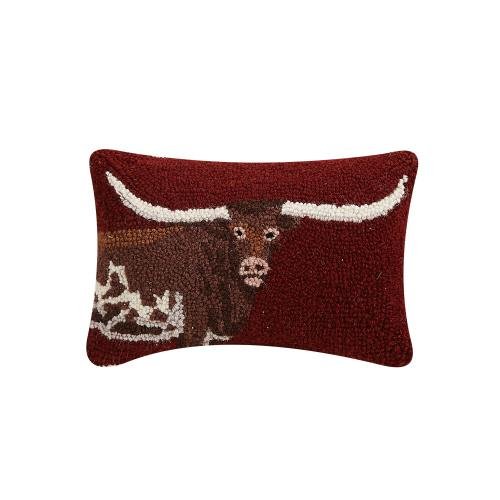 Deep Red Longhorn Hooked Wool Throw Pillow, 8x12 inch, front view