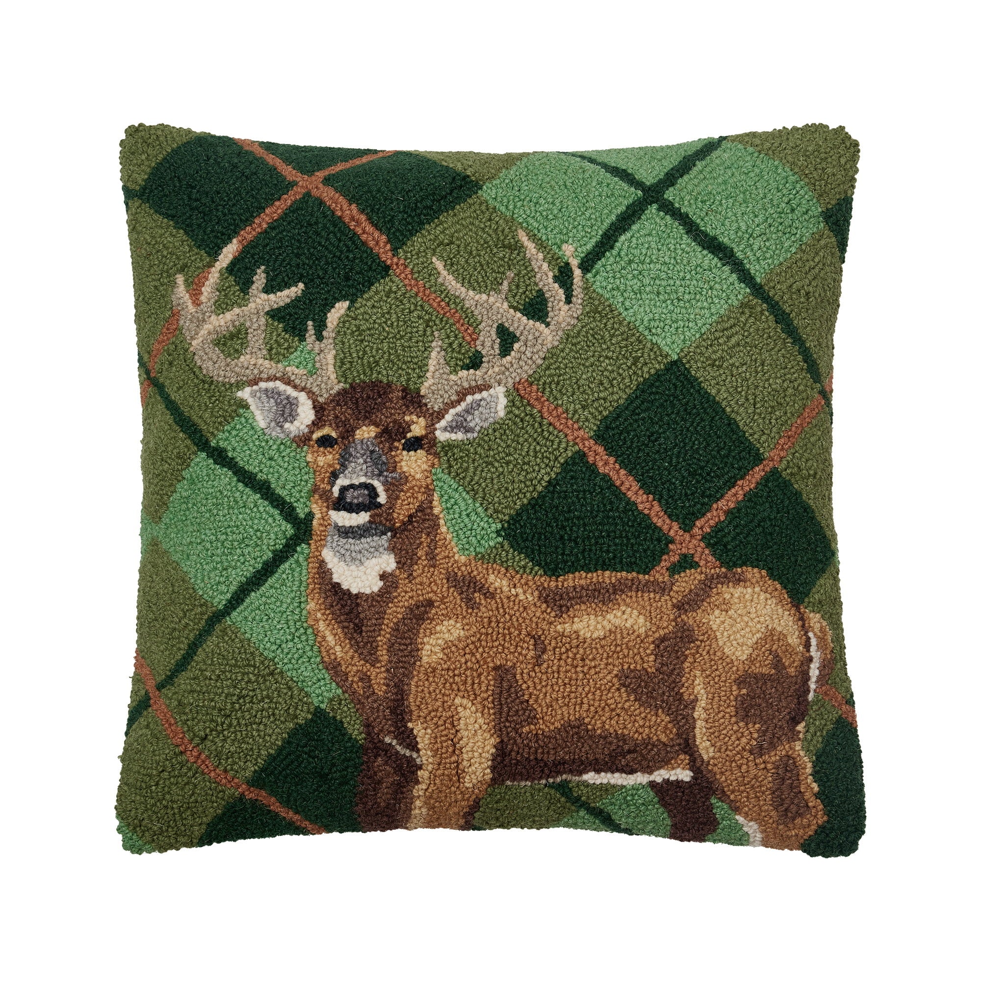 Deer Plaid Hooked Wool Throw Pillow, 18x18 inch, front view