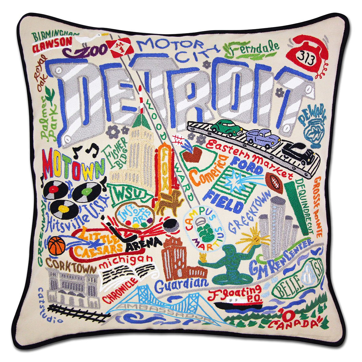 Detroit, MI Motor City hand-embroidered throw pillow with artisan decorative design