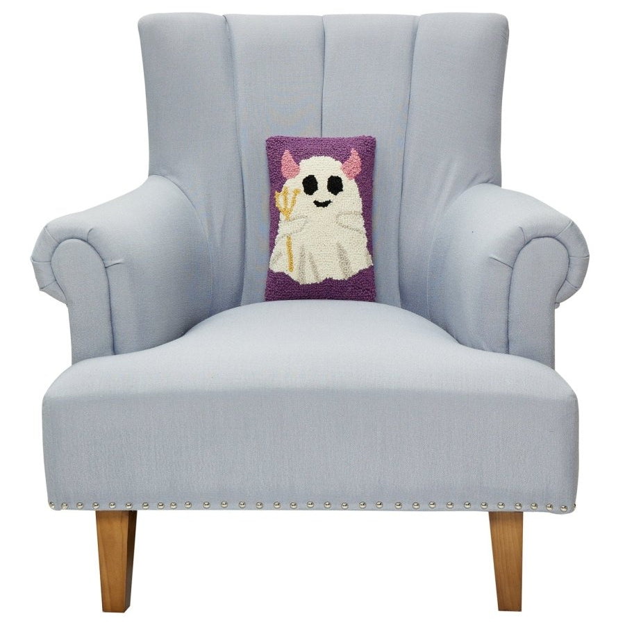 Devil Ghost Hooked Wool Halloween Throw Pillow on an armchair, showing the throw pillow at room scale, 8x12 inch