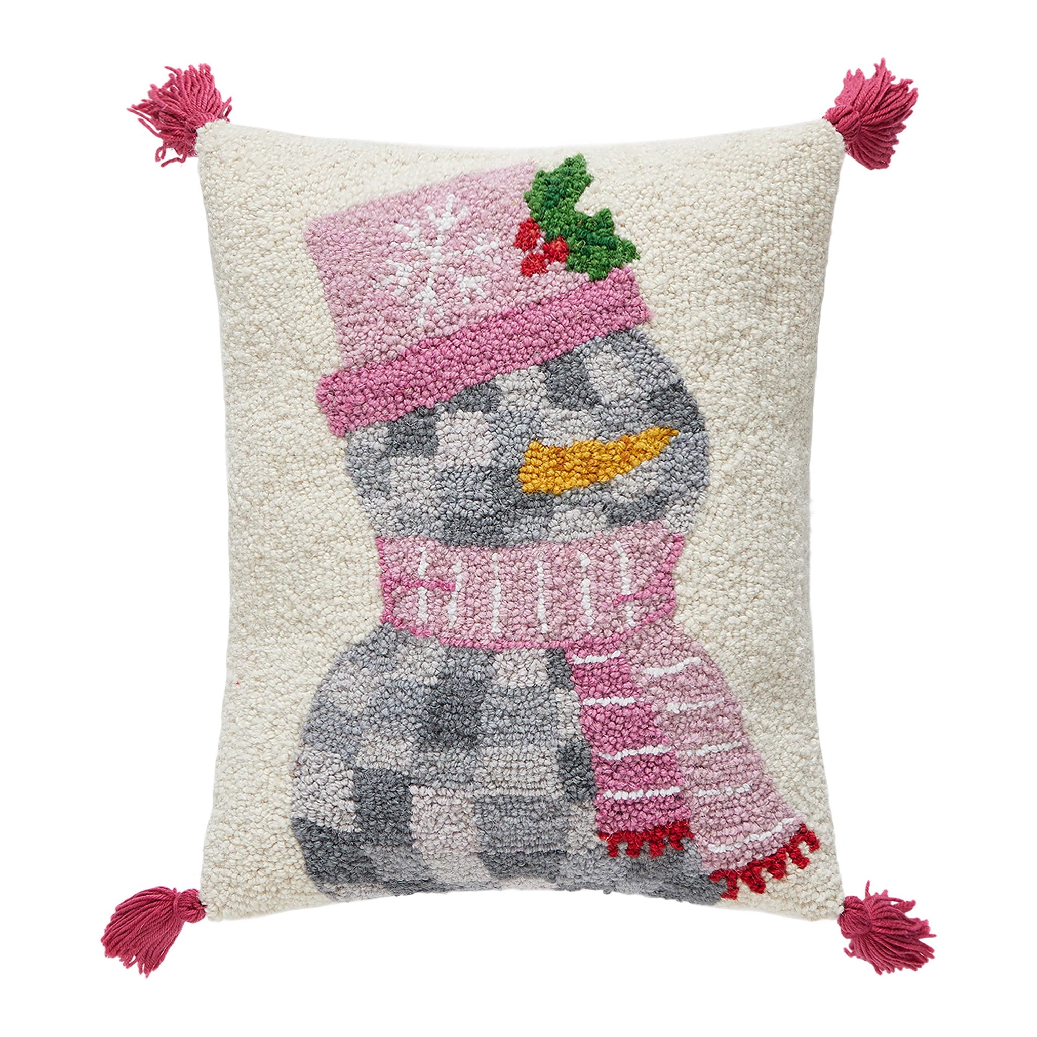Disco Snowman with Tassels Hooked Wool Christmas Throw Pillow, 14x18 inch, front view
