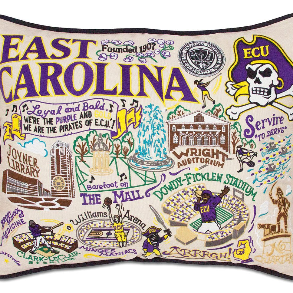 East Carolina University Pirates hand-embroidered throw pillow featuring school colors and mascot imagery