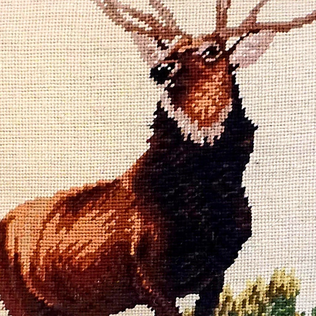 Elk Rustic Lodge Wildlife pillow fabric closeup showing hand-embroidered needlepoint wool texture and color detail