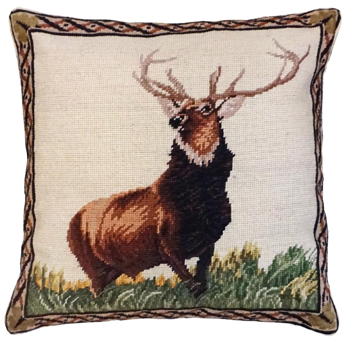 Elk needlepoint throw pillow with rustic nature wildlife lodge design