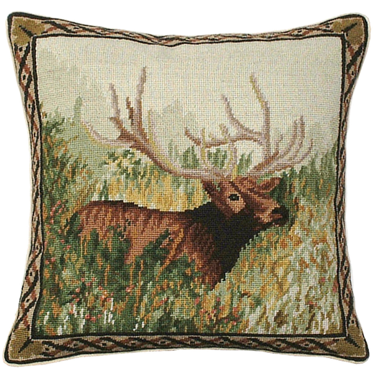 Elk Woods Landscape needlepoint throw pillow with rustic nature wildlife lodge design