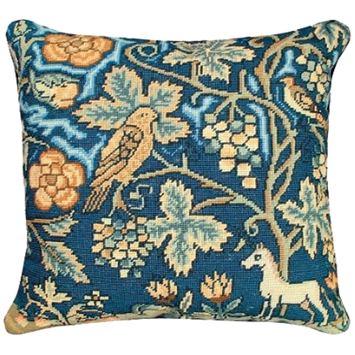 English Tapestry Unicorn Bird needlepoint throw pillow with detailed bird portrait