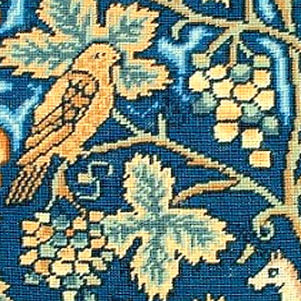 Closeup of English Tapestry Unicorn Bird needlepoint throw pillow highlighting hand-stitched wool craftsmanship and fabric detail