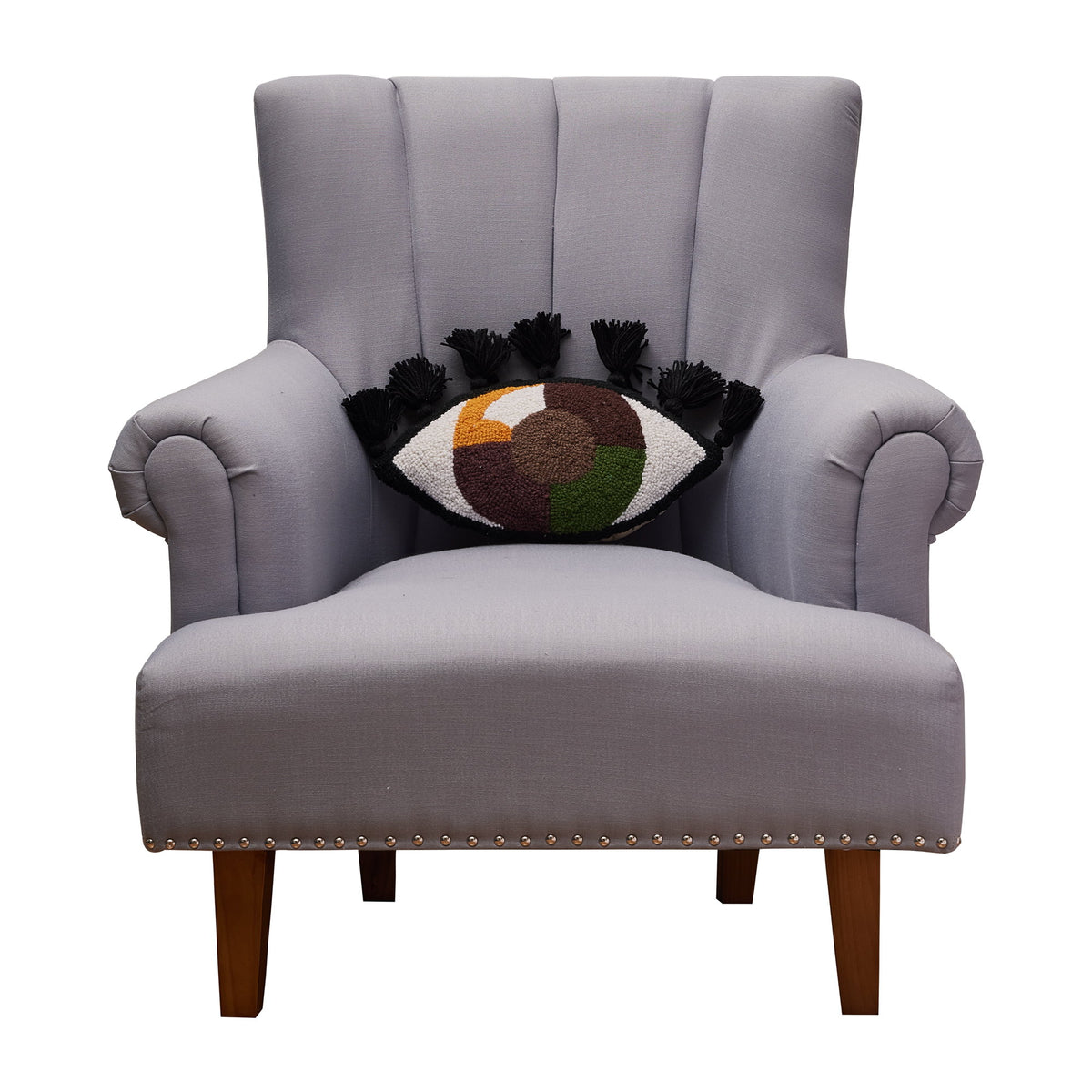 Eye Love You Hooked Wool Throw Pillow on an armchair, showing the throw pillow at room scale, 9x16 inch