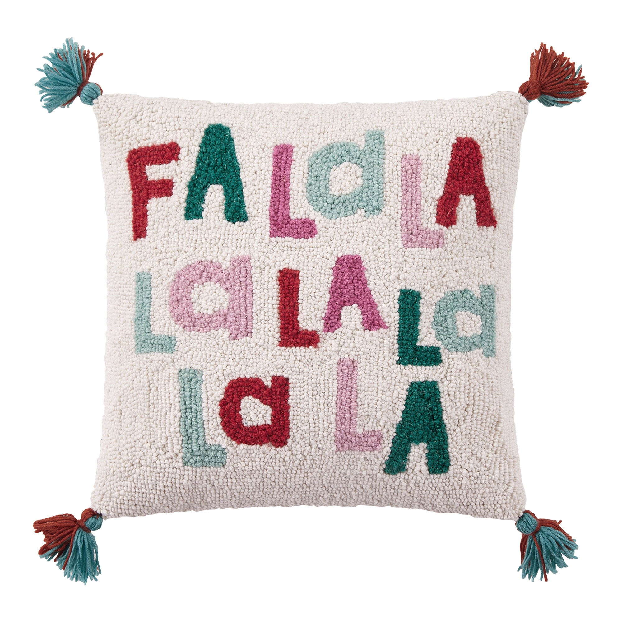 Fa La La La with Tassels Hooked Wool Christmas Throw Pillow, 16x16 inch, front view