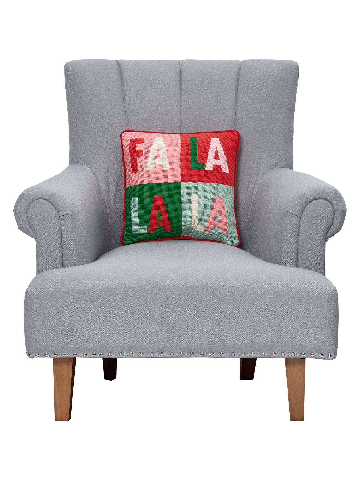 Fa La La Quadrant Embroidered Needlepoint Throw Pillow on an armchair, showing the throw pillow at room scale, 14x14 inch