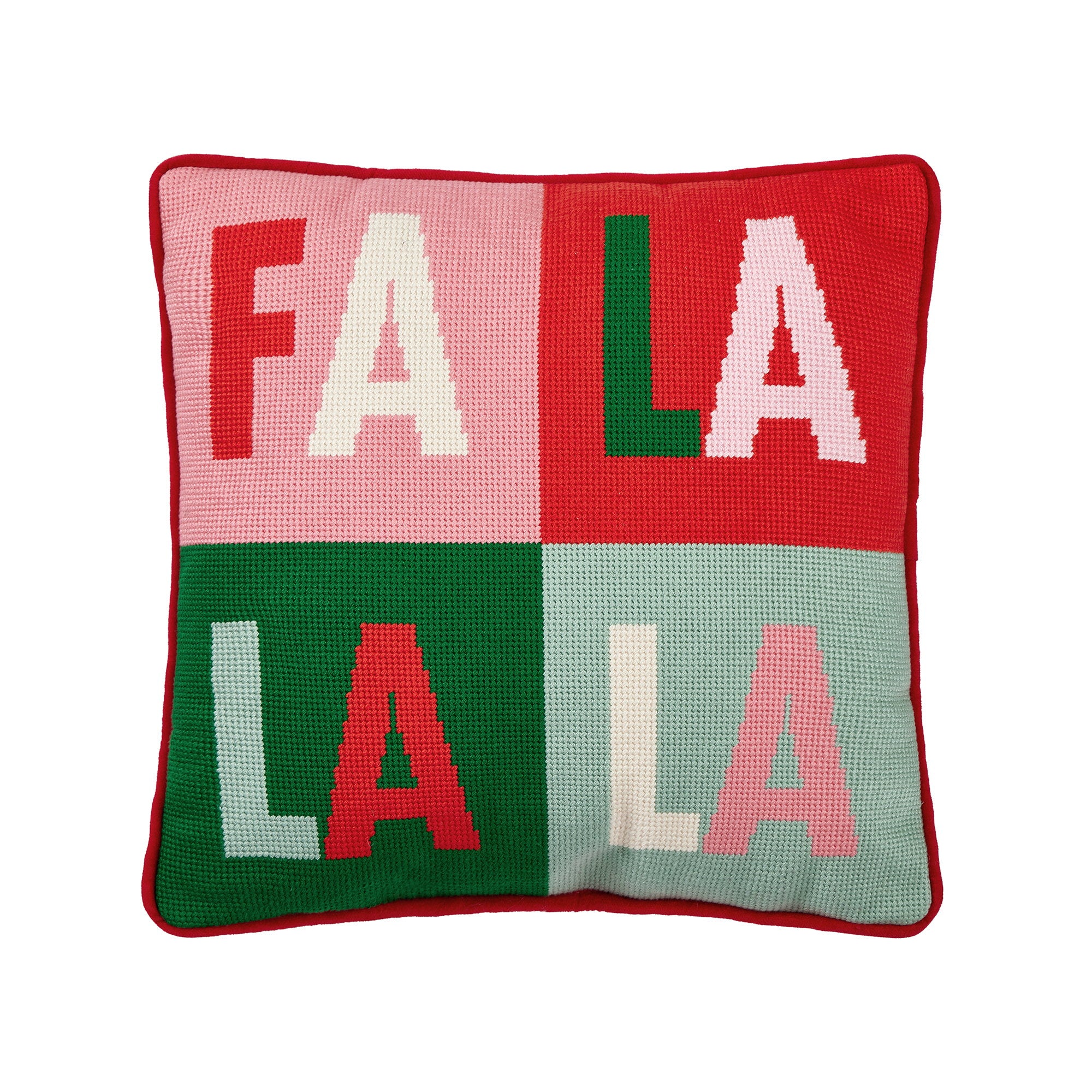 Fa La La Quadrant Embroidered Needlepoint Throw Pillow, 14x14 inch, front view
