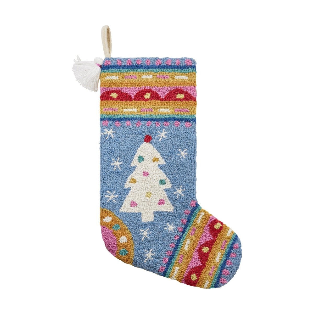 Fair Isle Tree with Tass Hooked Wool Christmas Stocking, 12x20 inch, front view