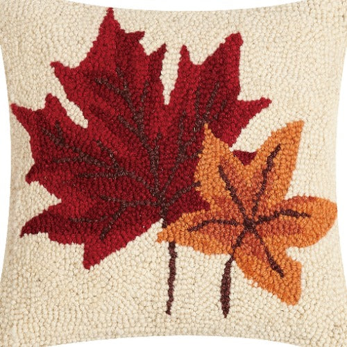 Fall Leaves Hooked Wool Throw Pillow, close-up detail