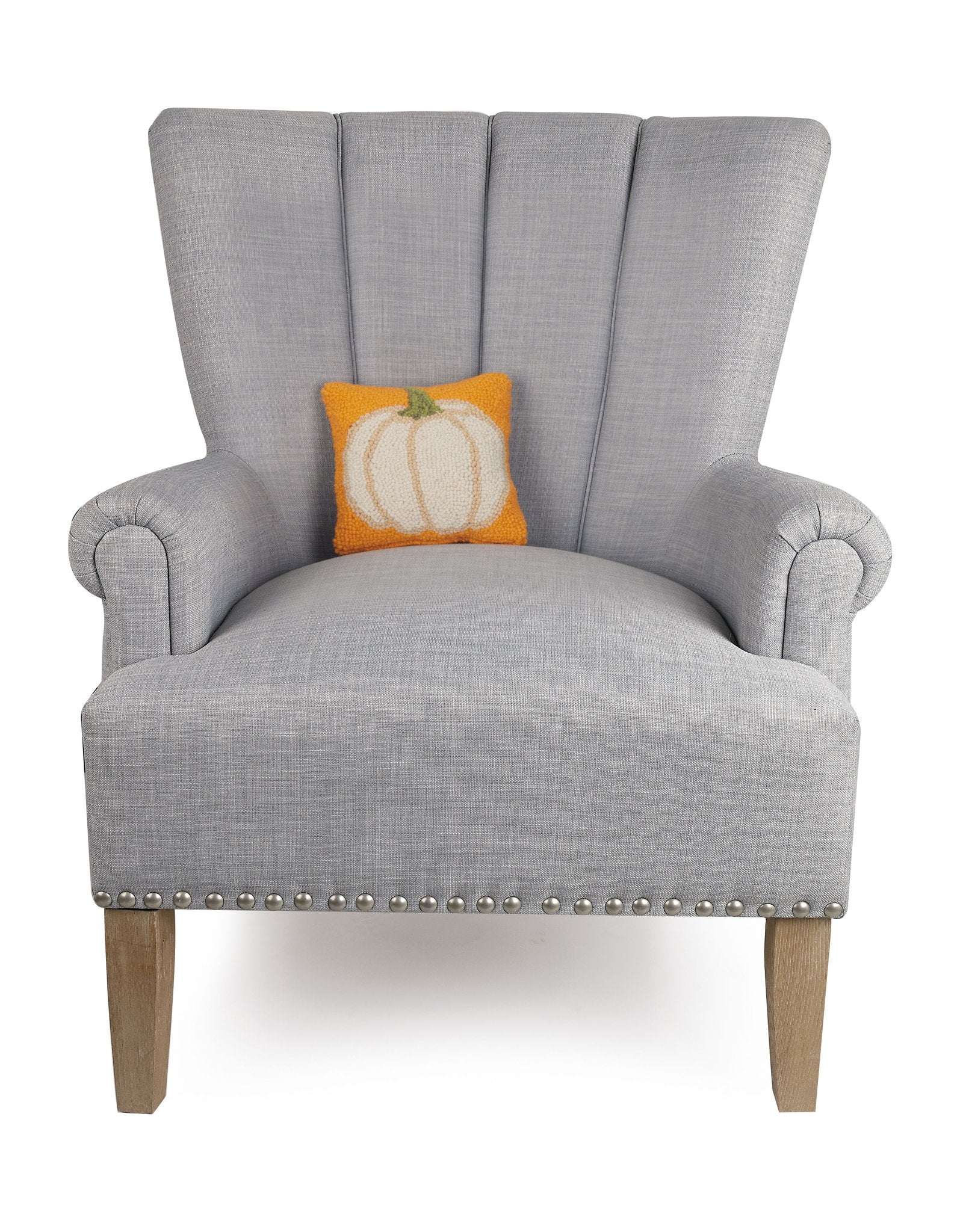 Fall Pumpkin Hooked Wool Throw Pillow on an armchair, showing the throw pillow at room scale, 8x8 inch