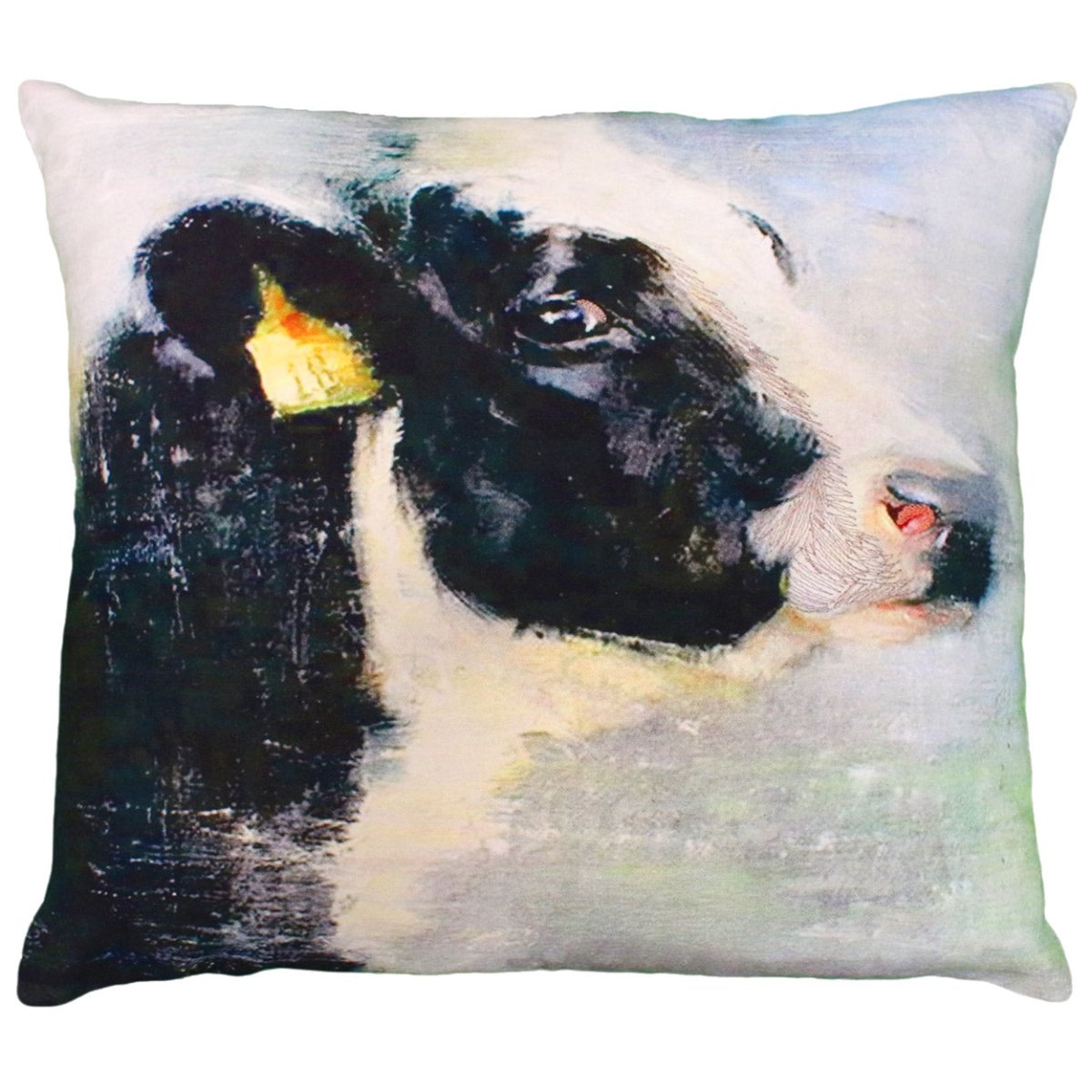 Printed Farm Cow needlepoint throw pillow with artisan decorative design