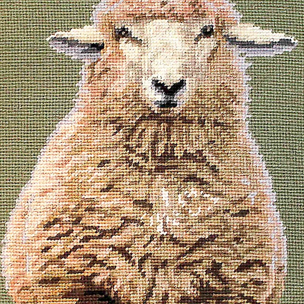 Hand-stitched wool detail of Farmhouse Sheep Wildlife needlepoint pillow showing intricate weave pattern and texture