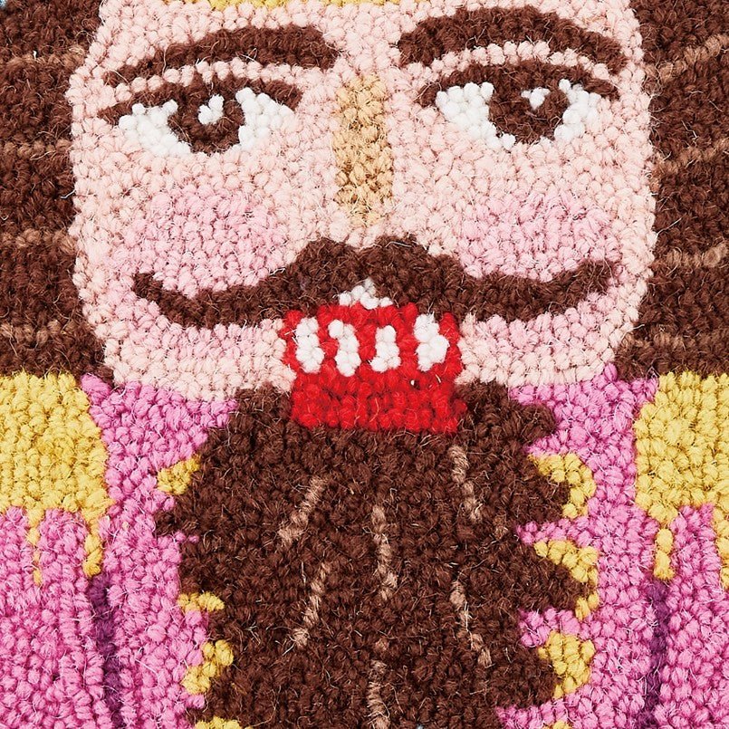 Festive Gingham Nutcracker Hooked Wool Christmas Throw Pillow, close-up detail