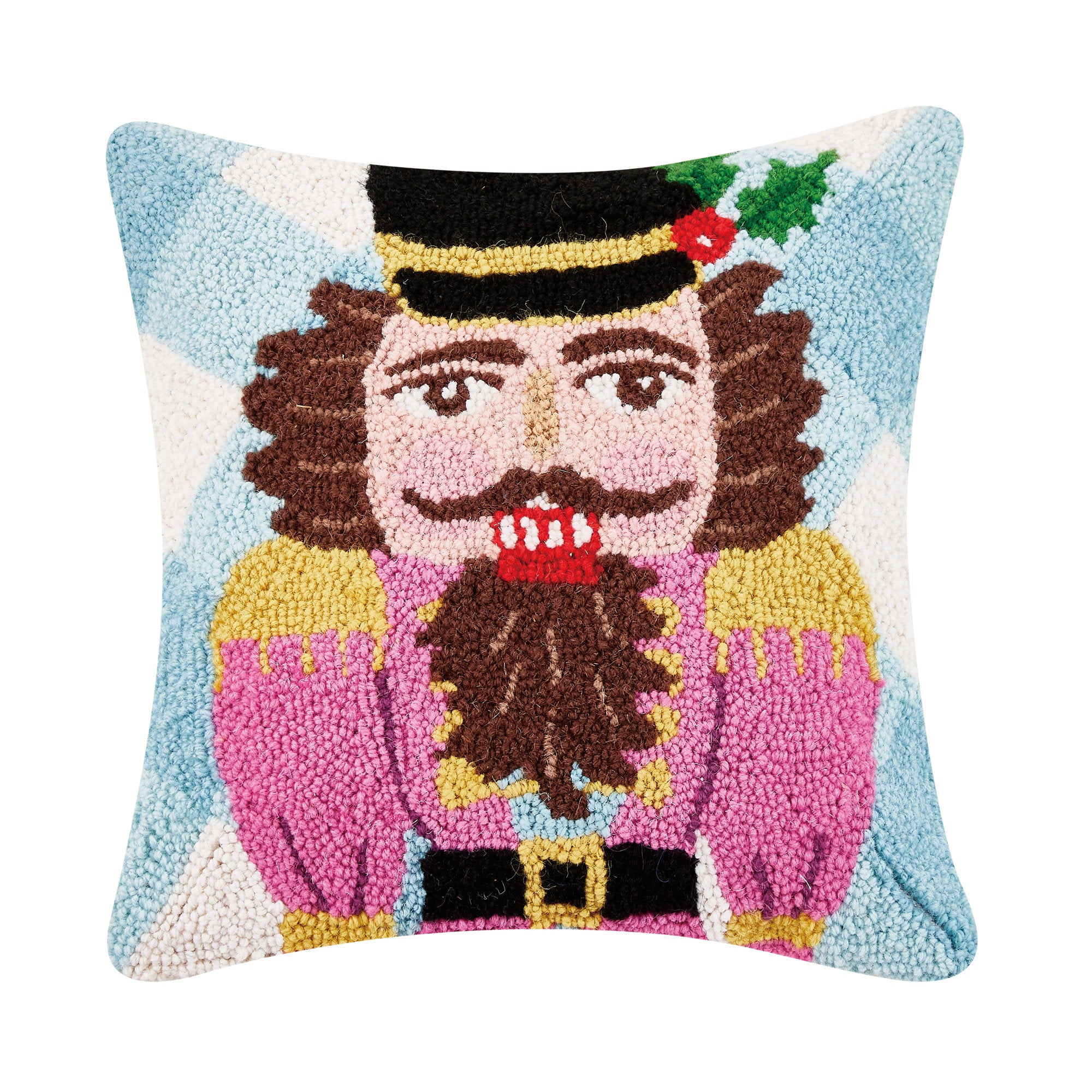 Festive Gingham Nutcracker Hooked Wool Christmas Throw Pillow, 16x16 inch, front view