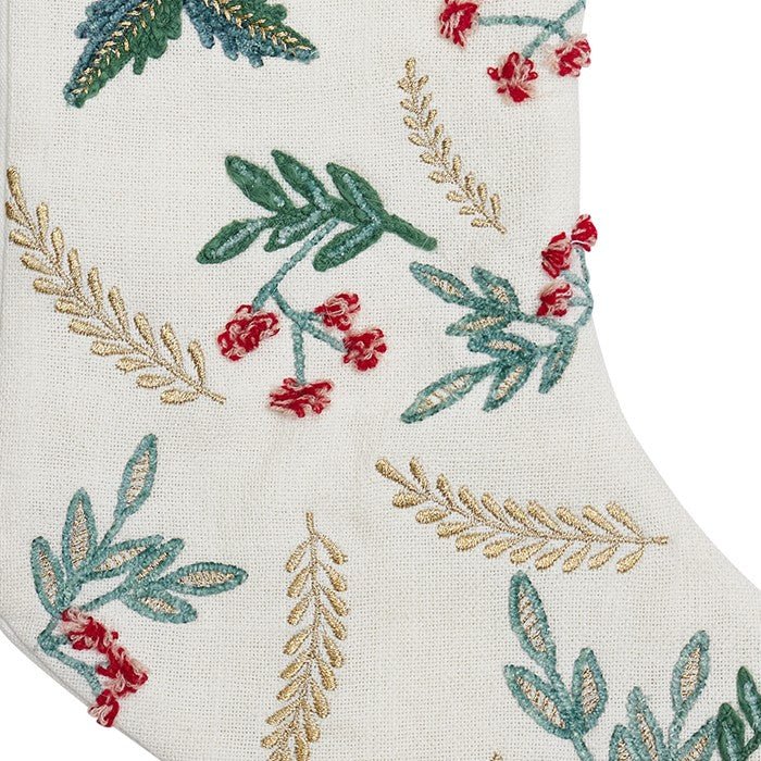 Festive Greenery Embroidered Christmas Stocking, close-up detail