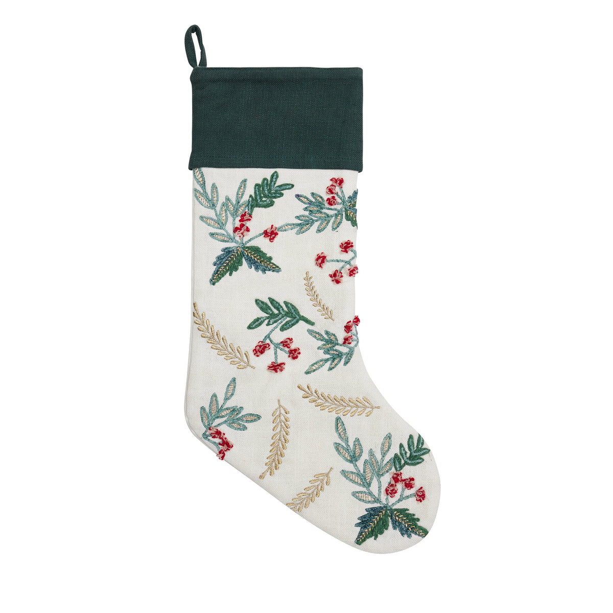 Festive Greenery Embroidered Christmas Stocking, 11x20 inch, front view