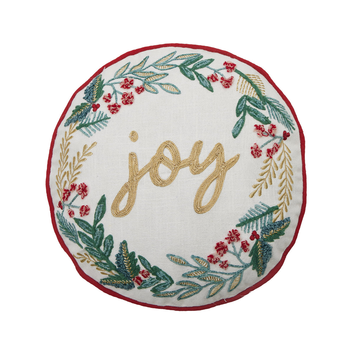 Festive Greenery Joy Filled Embroidered Christmas Throw Pillow, 14x14 inch, front view
