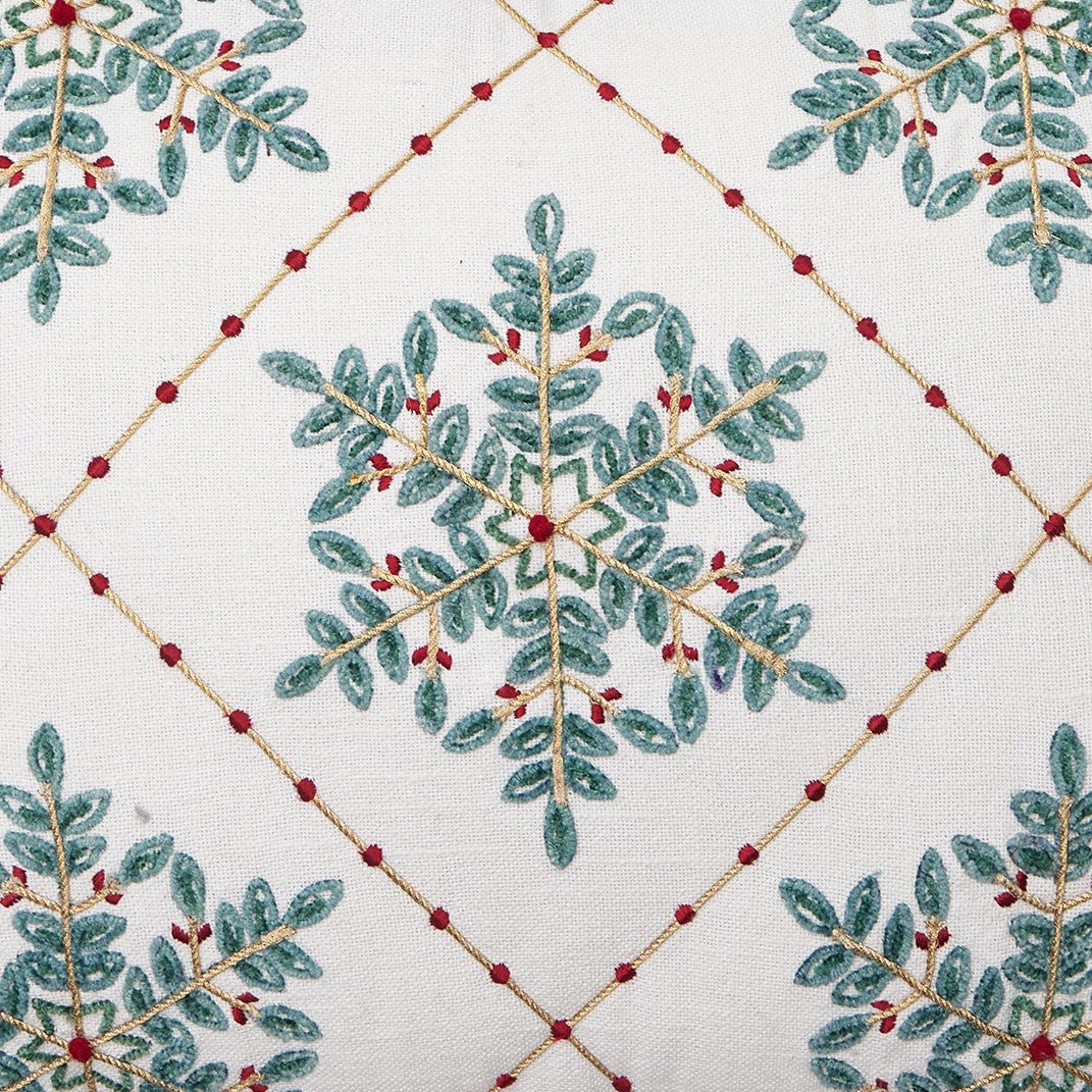 Festive Greenery Snowflakes Embroidered Christmas Throw Pillow, close-up detail