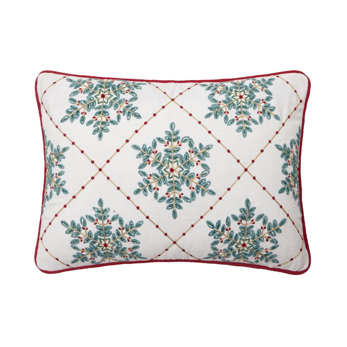Festive Greenery Snowflakes Embroidered Christmas Throw Pillow, 14x20 inch, front view
