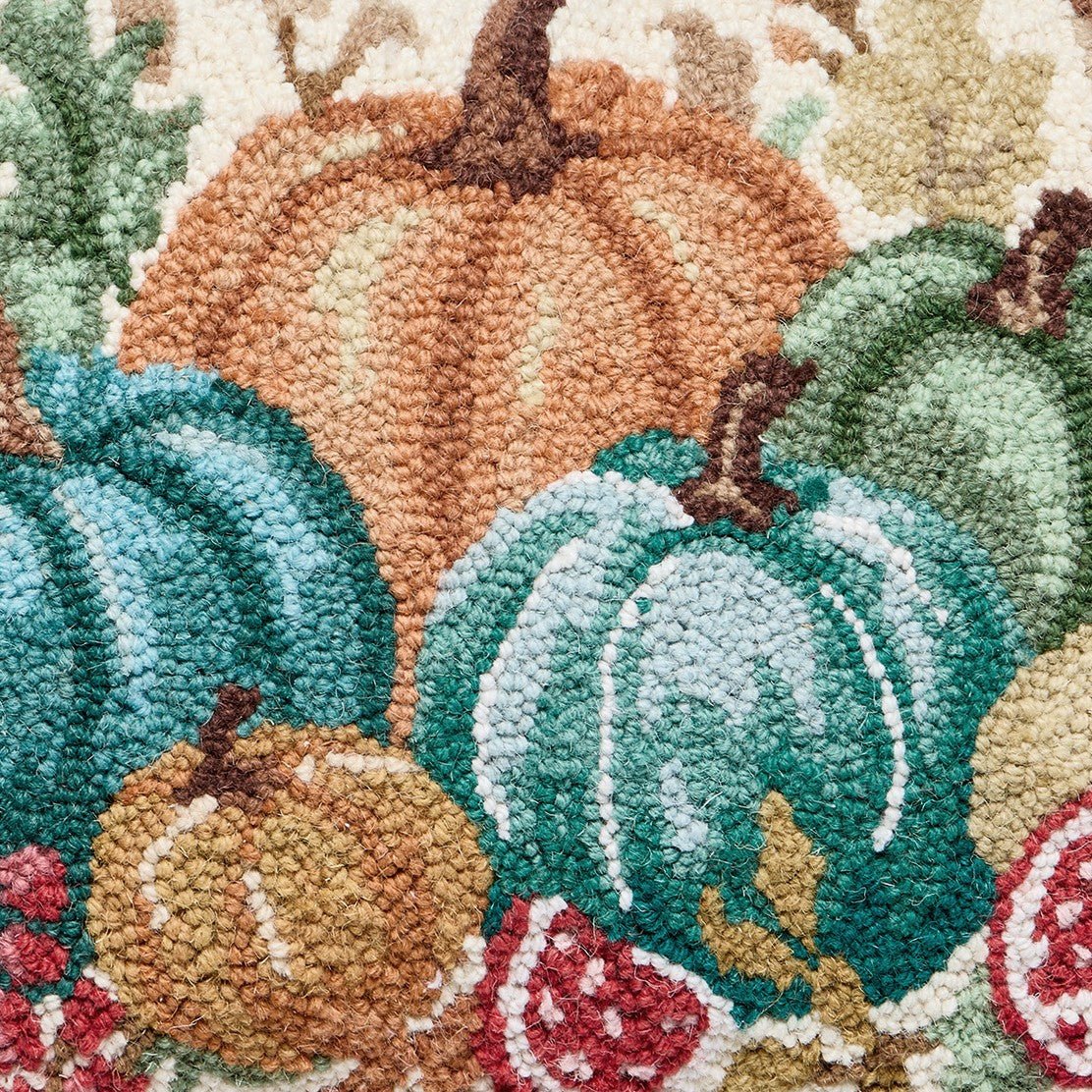 Fig and Pear Teal Harvest Hooked Wool Fall Harvest Throw Pillow, close-up detail